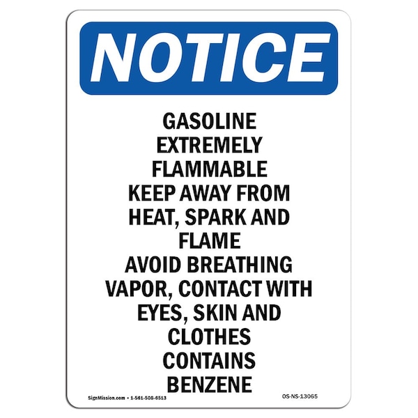 Signmission OSHA Notice Sign, 10" Height, Aluminum, Gasoline Extremely Flammable Keep Sign, Portrait OS-NS-A-710-V-13065 - main